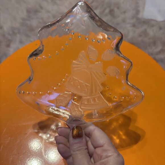 Vintage Christmas Tree Shape Frosted Glass Dish with Bell, Bow and Star Candy - Picture 5 of 6